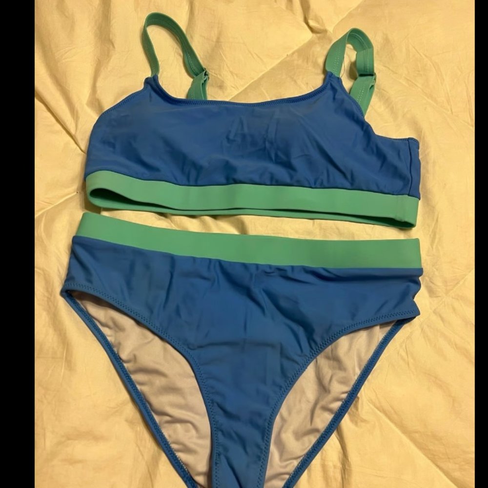 Blue and green halter top bikini set